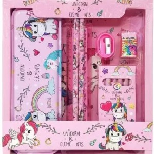 8 in 1 Kids School Stationery Gift Set Return Gift (Unicorn/Princess) Pencil Box Art Plastic Pencil Box (Set of 1, Multicolor)